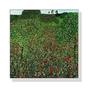 Darrahopens Home & Garden > Wall Art Wall Art 100cmx100cm Field of Poppies by Gustav Klimt White Frame Canvas