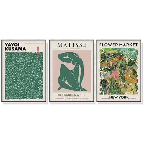 Darrahopens Home & Garden > Wall Art Wall Art 100cmx150cm Flower Market, Matisse Print, Yayoi Kusama 3 Sets Black Frame Canvas