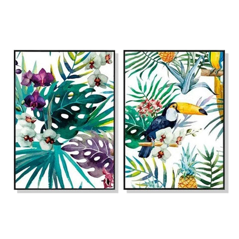 Darrahopens Home & Garden > Wall Art Wall Art 100cmx150cm Toucan and orchid 2 Sets Black Frame Canvas