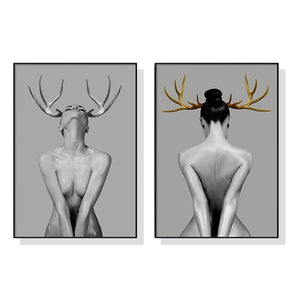 Darrahopens Home & Garden > Wall Art Wall Art 40cmx60cm Girl With Gold Horn 2 Sets Black Frame Canvas