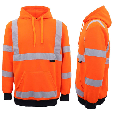 Darrahopens Men's Fashion > Coats & Jackets HI VIS Hooded Safety Jumper Hoodie Sweatshirt Tradie Workwear Fleece Jacket Coat, Fluro Orange, 2XL