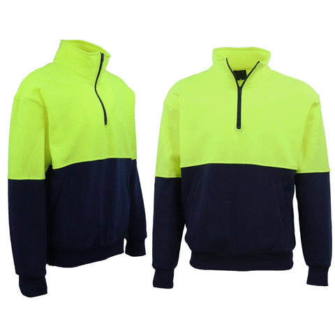 Darrahopens Men's Fashion > Knitwear & Sweaters Hi Vis Safety Fleecy Half Zip Pullover Jumper Jacket Sweater Shirts Workwear, Fluro Yellow / Navy, XL