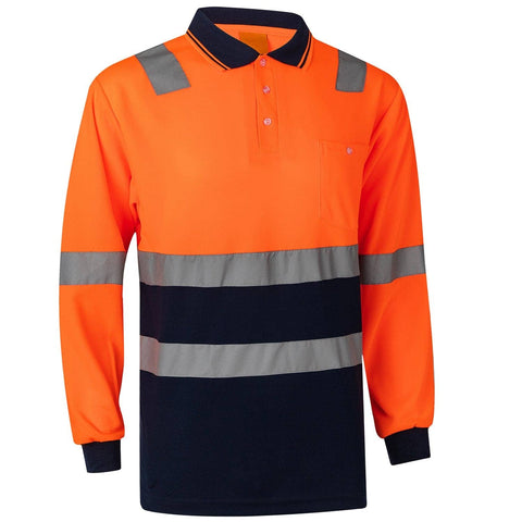 Darrahopens Men's Fashion > Shirts HI VIS Long Sleeve Workwear Shirt w Reflective Tape Cool Dry Safety Polo 2 Tone, Fluoro Orange / Navy, 2XL