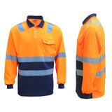 Darrahopens Men's Fashion > Shirts HI VIS Long Sleeve Workwear Shirt w Reflective Tape Cool Dry Safety Polo 2 Tone, Fluoro Orange / Navy, 2XL