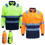 Darrahopens Men's Fashion > Shirts HI VIS Long Sleeve Workwear Shirt w Reflective Tape Cool Dry Safety Polo 2 Tone, Fluoro Orange / Navy, 2XL