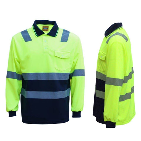 Darrahopens Men's Fashion > Shirts HI VIS Long Sleeve Workwear Shirt w Reflective Tape Cool Dry Safety Polo 2 Tone, Fluoro Yellow /Navy, 2XL