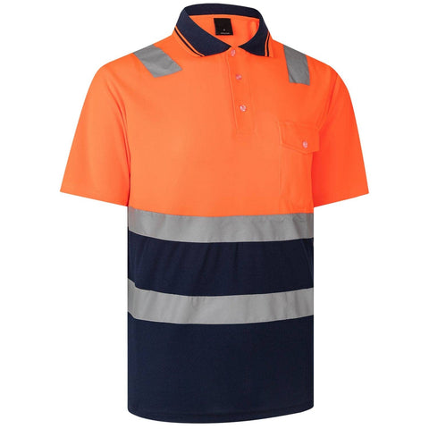 Darrahopens Men's Fashion > Shirts HI VIS Short Sleeve Workwear Shirt w Reflective Tape Cool Dry Safety Polo 2 Tone, Fluoro Orange / Navy, XL