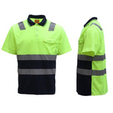 Darrahopens Men's Fashion > Shirts HI VIS Short Sleeve Workwear Shirt w Reflective Tape Cool Dry Safety Polo 2 Tone, Fluoro Yellow / Navy, 2XL