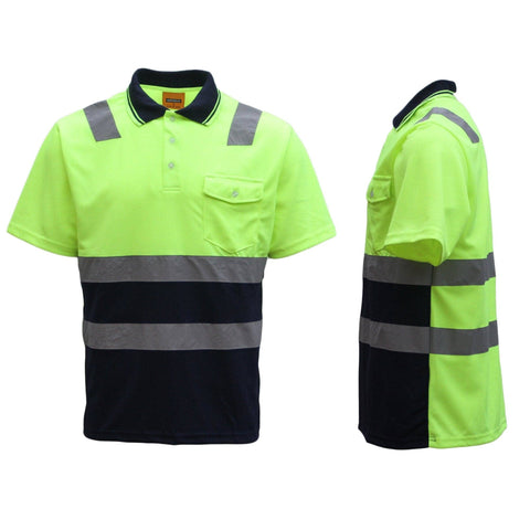 Darrahopens Men's Fashion > Shirts HI VIS Short Sleeve Workwear Shirt w Reflective Tape Cool Dry Safety Polo 2 Tone, Fluoro Yellow / Navy, 2XL