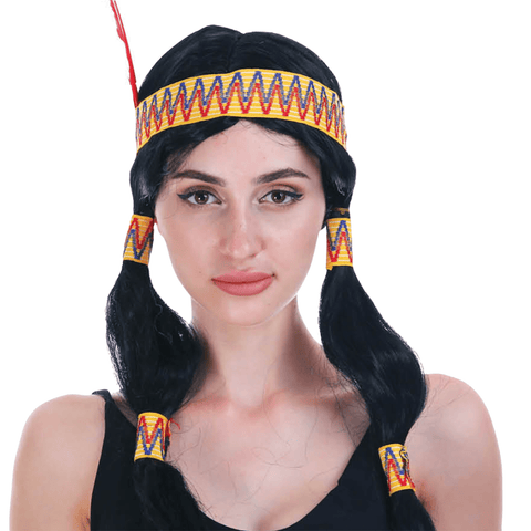 Darrahopens Occasions > Costumes Womens Native American Wig w/ Red Feather Pigtail Indian Party Costume Hair