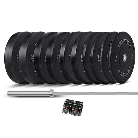 Darrahopens Sports & Fitness > Fitness Accessories CORTEX 170kg Black Series V2 Rubber Olympic Bumper Plate Set 50mm with SPARTAN205 Barbell