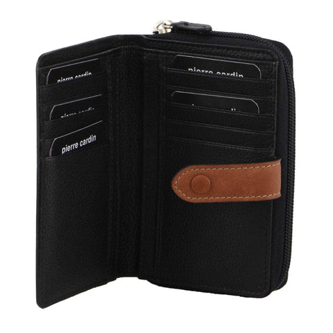 Darrahopens Women's Fashion > Accessories Pierre Cardin Womens Leather Bi-Fold Wallet Purse Zip Around - Black