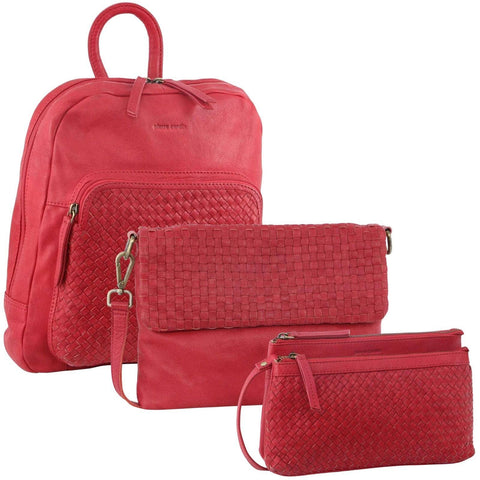 Darrahopens Women's Fashion > Handbags 3PC Set Pierre Cardin Womens Woven Leather Cross-Body Bags + Backpack - Red