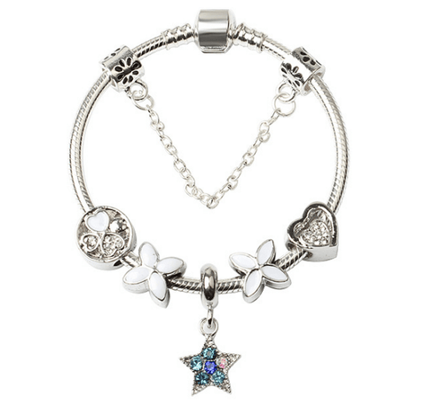 Darrahopens Women's Fashion > Jewellery Women Silver Plated Bracelet Snake Chain with Classic Bead Barrel Clasp and Blue Star Pendant(18cm)