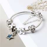 Darrahopens Women's Fashion > Jewellery Women Silver Plated Bracelet Snake Chain with Classic Bead Barrel Clasp and Blue Star Pendant(18cm)