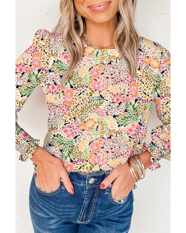 Darrahopens Women's Fashion > Tops & T-shirts Azura Exchange Floral Print Puff Sleeve Blouse - L