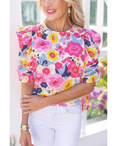 Darrahopens Women's Fashion > Tops & T-shirts Azura Exchange Floral Ruched Puff Sleeve Blouse - L