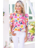 Darrahopens Women's Fashion > Tops & T-shirts Azura Exchange Floral Ruched Puff Sleeve Blouse - L