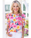 Darrahopens Women's Fashion > Tops & T-shirts Azura Exchange Floral Ruched Puff Sleeve Blouse - L