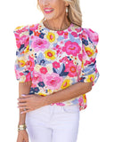 Darrahopens Women's Fashion > Tops & T-shirts Azura Exchange Floral Ruched Puff Sleeve Blouse - L