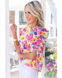 Darrahopens Women's Fashion > Tops & T-shirts Azura Exchange Floral Ruched Puff Sleeve Blouse - L