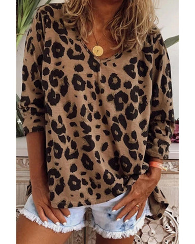 Darrahopens Women's Fashion > Tops & T-shirts Azura Exchange Leopard Print V Neck Long Sleeve Top - L