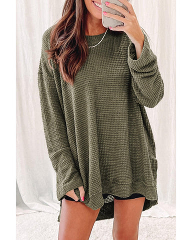 Darrahopens Women's Fashion > Tops & T-shirts Azura Exchange Oversized Green Waffle Knit High Slits Top - M