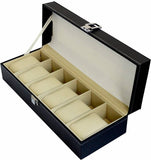 6 Slot Mens Watch Display Case Box Black PU Leather