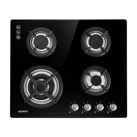 Devanti Gas Cooktop 60cm 4 Burner Ceramic Glass Cook Top Stove Hob Cooker LPG NG Black