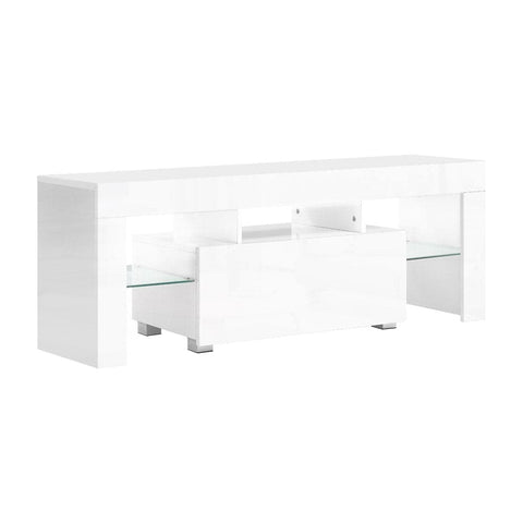 Artiss 130cm RGB LED TV Stand Cabinet Entertainment Unit Gloss Furniture Drawer Tempered Glass Shelf White