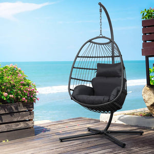 Gardeon Swing Chair Egg Hammock With Stand Outdoor Furniture Wicker Seat Black