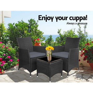 Gardeon 3pc Bistro Wicker Outdoor Furniture Set Black