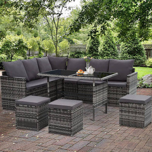 Gardeon Outdoor Furniture Dining Setting Sofa Set Wicker 9 Seater Storage Cover Mixed Grey