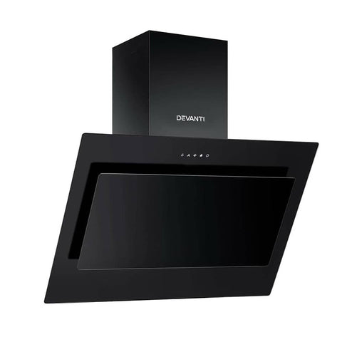 DEVANTI Rangehood 900mm Black Angled Side Draft Range Hood Canopy Glass 90cm