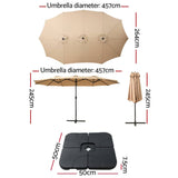 Instahut Outdoor Umbrella Beach Twin Base Stand Garden Sun Shade Beige 4.57m