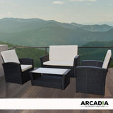 Arcadia Furniture Outdoor 4 Piece Sofa Lounge Set Wicker Rattan Garden - Black and Grey