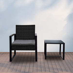 Arcadia Furniture Outdoor 3 Piece Wicker Rattan Patio Set Garden Patio Home - Black and Grey