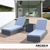 Arcadia Furniture Outdoor 3 Piece Sunlounge Set Rattan Garden Day Bed Lounger - Black and Grey