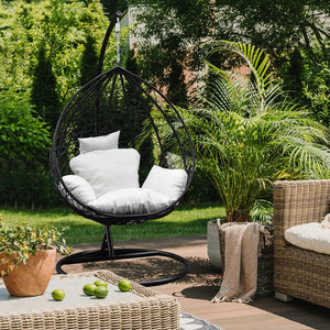 Arcadia Furniture Rocking Egg Chair Outdoor Wicker Rattan Patio Garden Tear Drop - Black and Cream