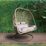 Arcadia Furniture 2 Seater Rocking Egg Chair Outdoor Wicker Rattan Patio Garden - Oatmeal and Grey