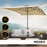 Arcadia Furniture Umbrella 3 Metre Umbrella with Solar LED Lights Garden Yard - Beige