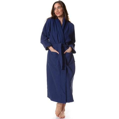 Royal Comfort 100% Cotton Bathrobe Waffle Unisex Ultra Soft Absorbent Durable - Small - Navy