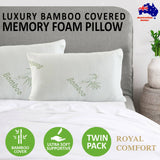 Royal Comfort Luxury Bamboo Covered Memory Foam Pillow Twin Pack Hypoallergenic