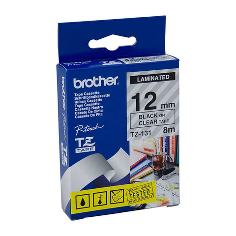 BROTHER TZe131 Labelling Tape 12mm Black on Clear TZE Tape