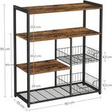 Baker's Rack with 2 Metal Mesh Baskets, Shelves and Hooks, 80 x 35 x 95 cm, Industrial Style, Rustic Brown