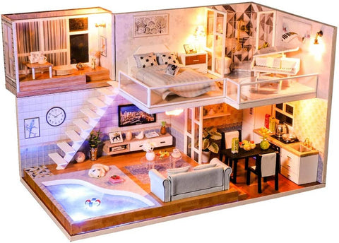 Dollhouse Miniature with Furniture Kit Plus Dust Proof and Music Movement - Met you (1:24 Scale Creative Room Idea)