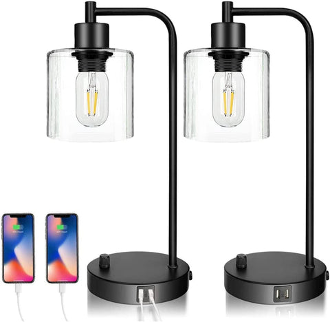 2x Pack Industrial Table Lamp with 2 USB Port for Bedside Nightstand Desk and Living Room Office (Bulb not Included)