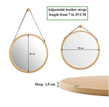 Hanging Round Wall Mirror 38 cm - Solid Bamboo Frame and Adjustable Leather Strap for Bathroom and Bedroom