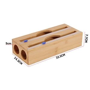 2 Grids Bamboo Food Wrap Dispenser Cutter Foil Cling Film Storage Holder Box Kitchen