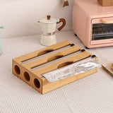 3 Grids Bamboo Food Wrap Dispenser Cutter Foil Cling Film Storage Holder Box Kitchen